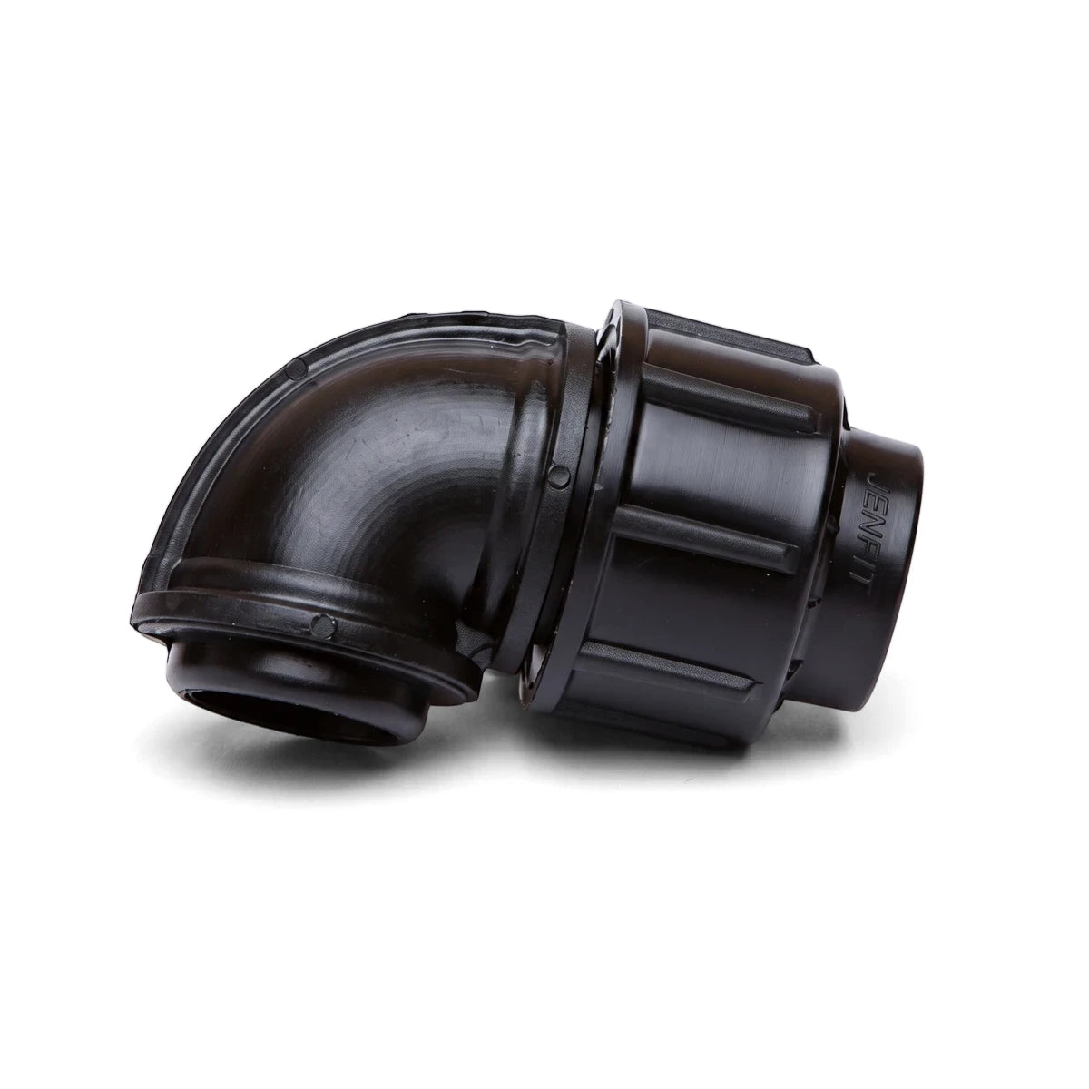 Jenfit black plastic 40mm x 1 1/2 inch female elbow pipe fitting, essential for plumbing and irrigation systems, shown from