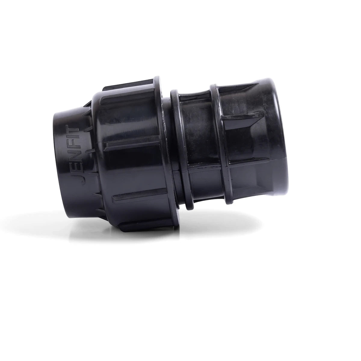 Black plastic Jenfit Female Adapter (40mm x 1 inch) for plumbing and irrigation systems, shown diagonally.