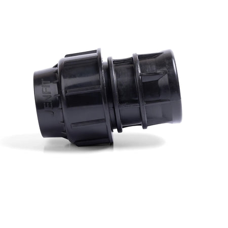Black plastic Jenfit Female Adapter (40mm x 1 inch) for plumbing and irrigation systems, shown diagonally.