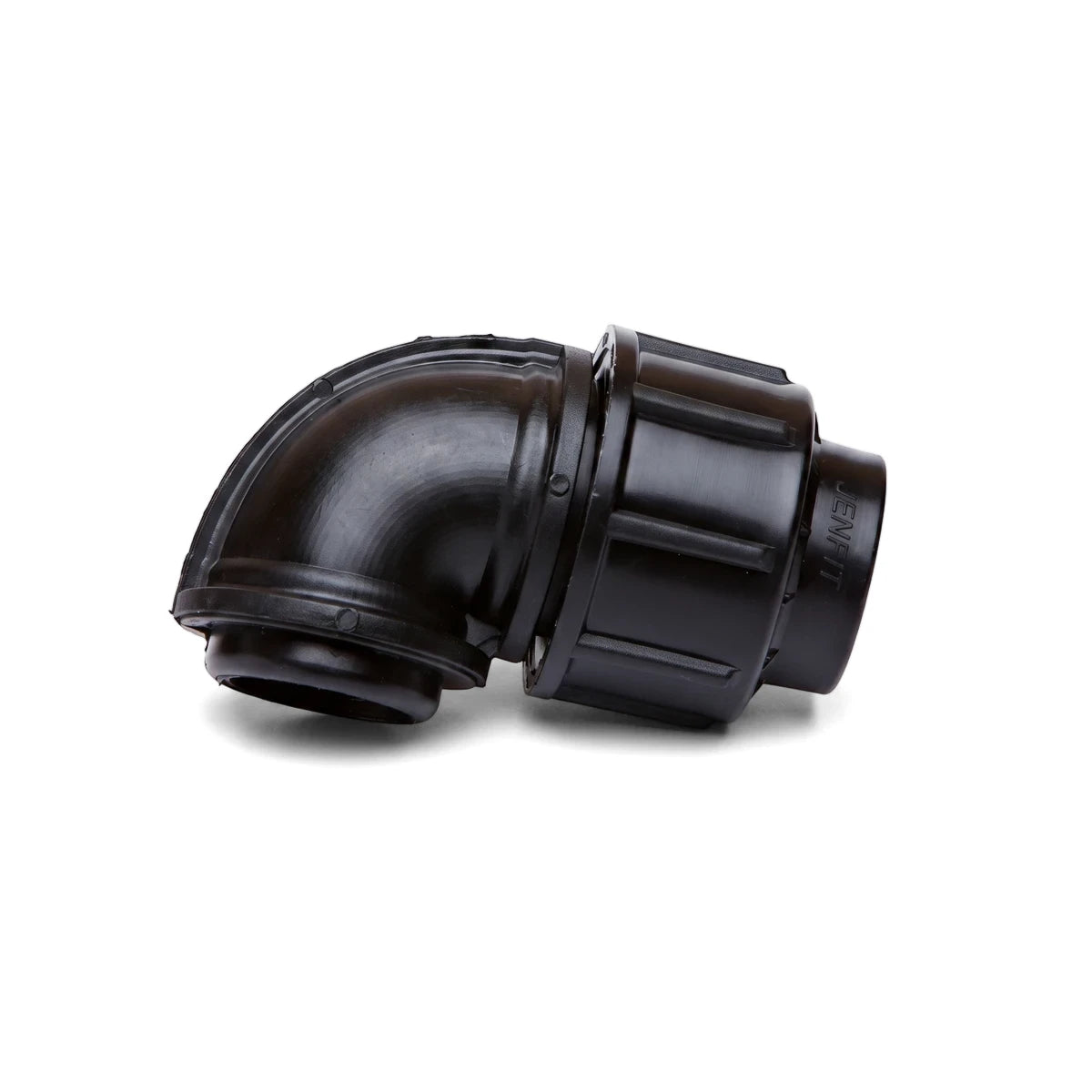 Black Jenfit plastic female elbow pipe fitting, 25mm x 1 inch diameter, shown on a white background for plumbing