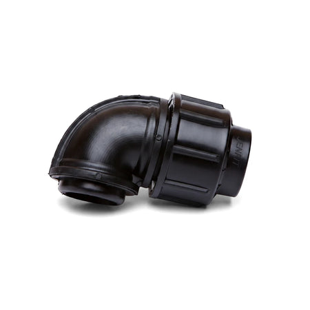 Black Jenfit plastic female elbow pipe fitting, 25mm x 1 inch diameter, shown on a white background for plumbing