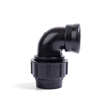 Black plastic Jenfit female elbow pipe fitting, 40mm x 1 1/4", with a 90-degree bend, photographed on a white background.