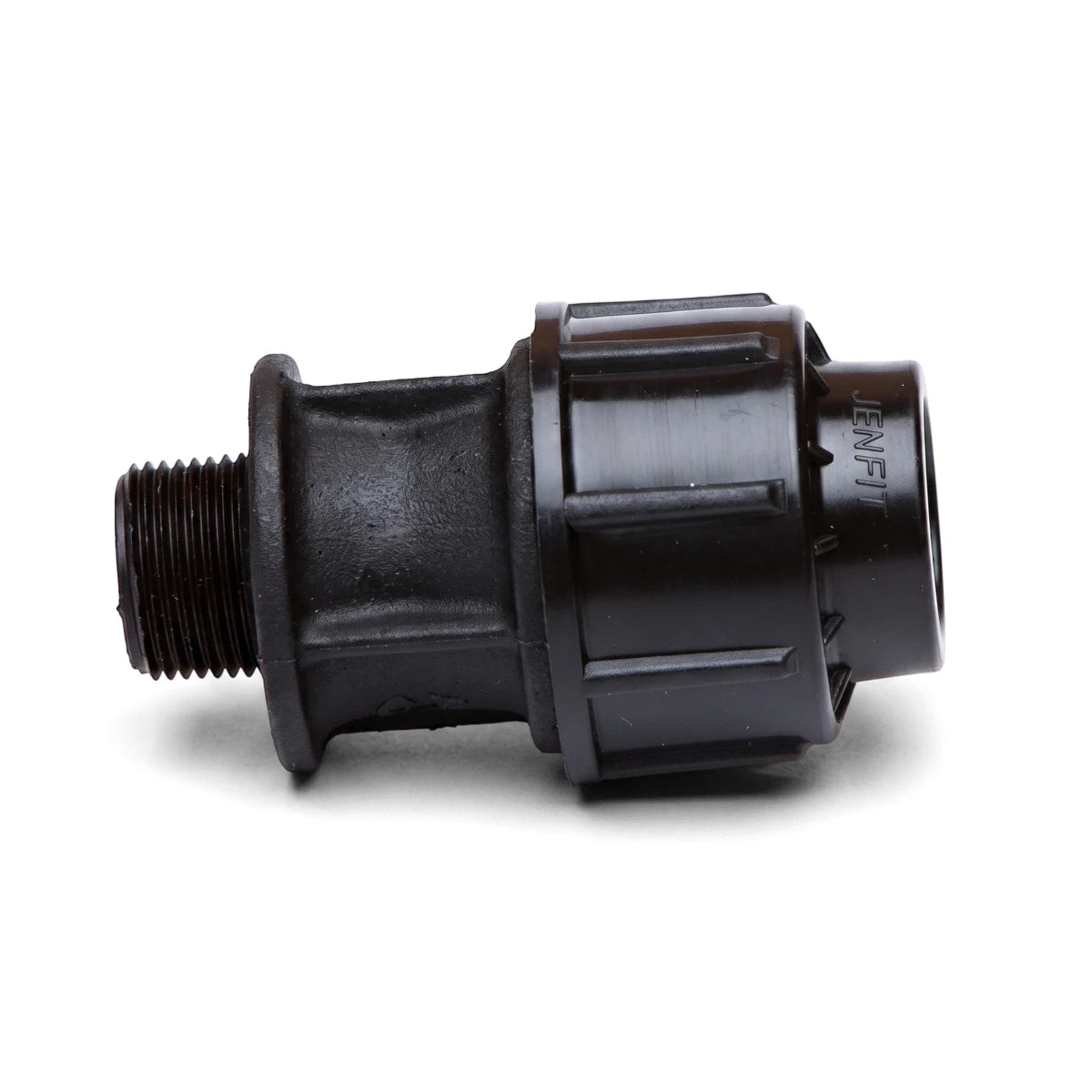 Black plastic Jenfit Male Adapter, 20mm X 1/2", shown from the side with a visible threaded end for plumbing applications.