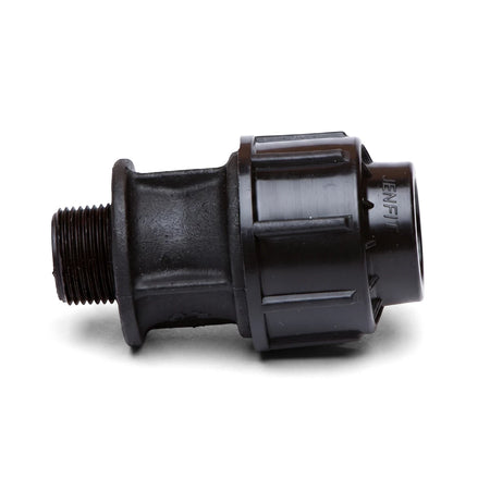 Black plastic Jenfit Male Adapter, 20mm X 1/2", shown from the side with a visible threaded end for plumbing applications.