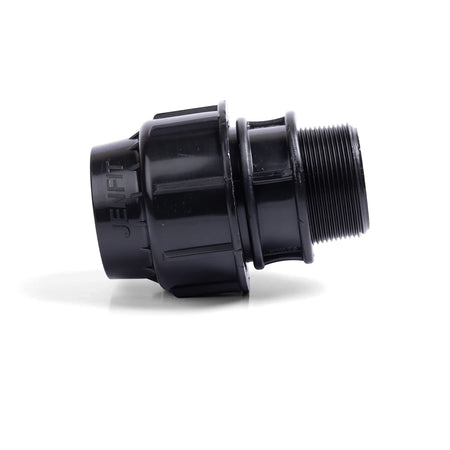 Black Jenfit male adapter pipe fitting, 25mm x 1/2 inch, with a threaded end for water systems.