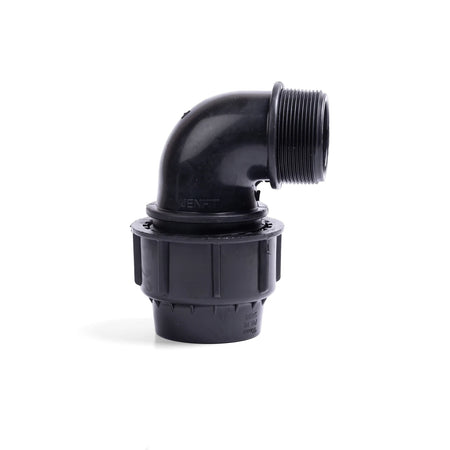 Black plastic Jenfit Male Elbow pipe fitting, 50mm x 1 1/2 inch, with a threaded end, shown from a side angle.