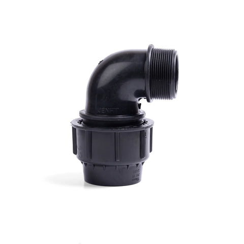 Black plastic Jenfit Male Elbow pipe fitting, 50mm x 1 1/2 inch, with a threaded end, shown from a side angle.