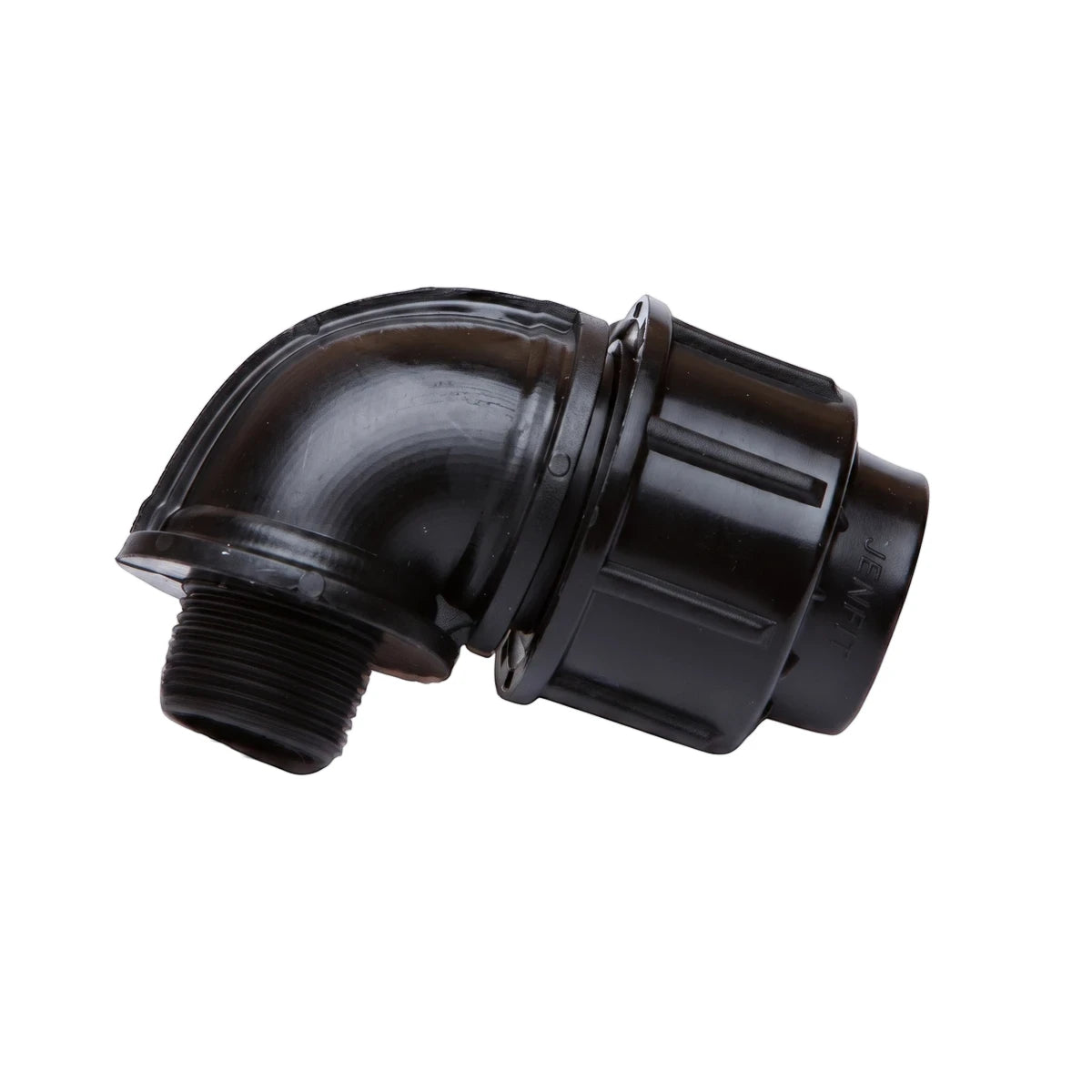 Black plastic Jenfit male elbow pipe fitting, 20mm x 3/4 inch, with threaded and compression ends.