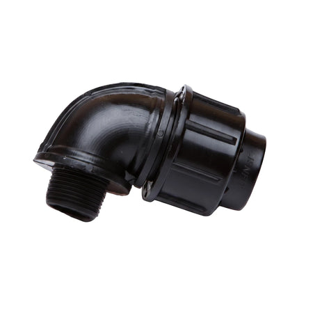 Black plastic Jenfit male elbow pipe fitting, 20mm x 3/4 inch, with threaded and compression ends.