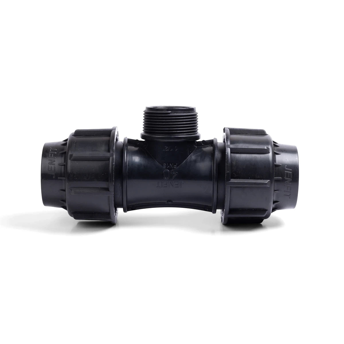 Jenfit black plastic male tee pipe fitting, 20mm x 1/2 inch, with threaded and compression ends, displayed on a white