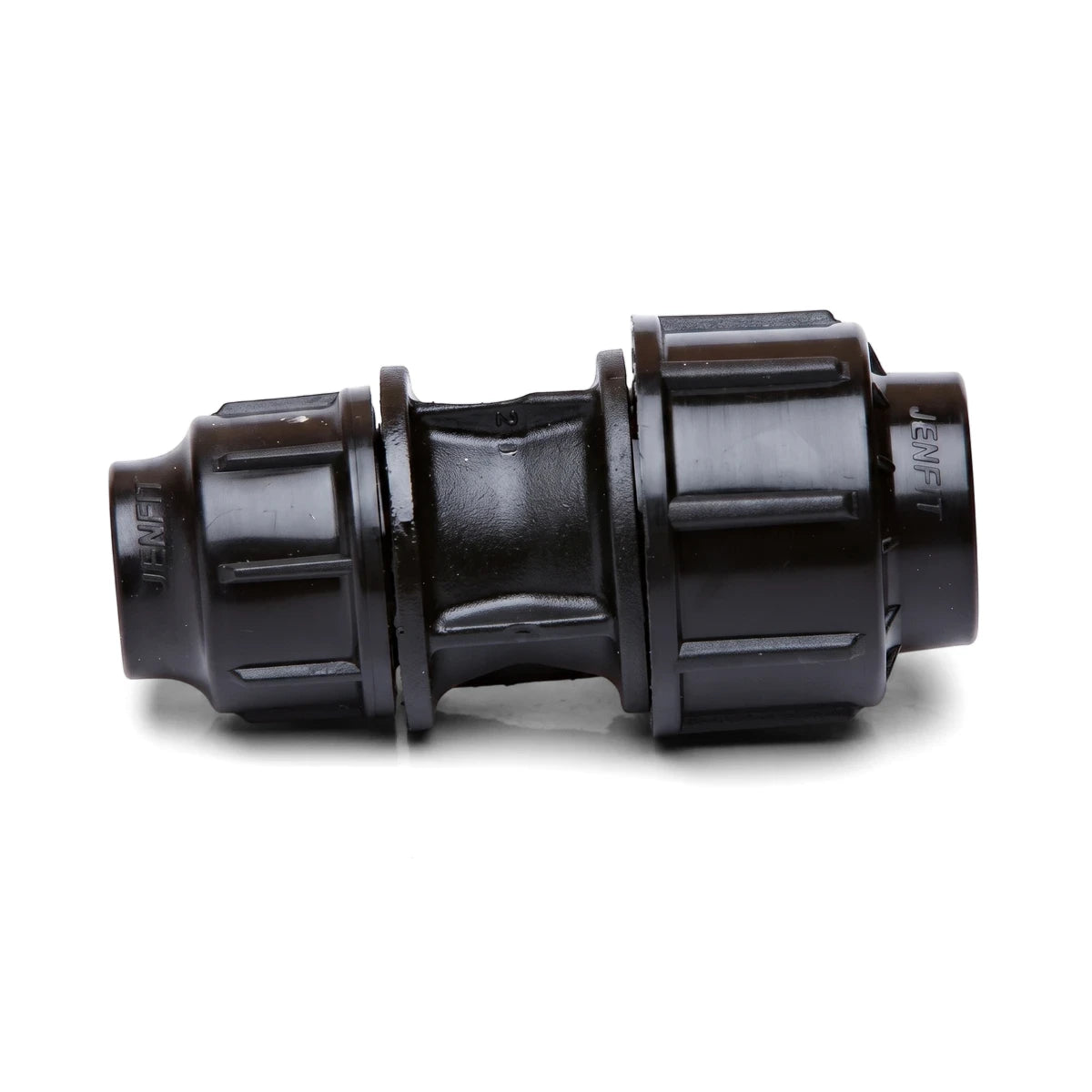 Black plastic Jenfit reducing coupling, 25mm x 20mm, used for connecting pipes, displayed on a white background.