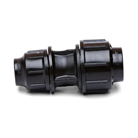 Black plastic Jenfit reducing coupling, 25mm x 20mm, used for connecting pipes, displayed on a white background.