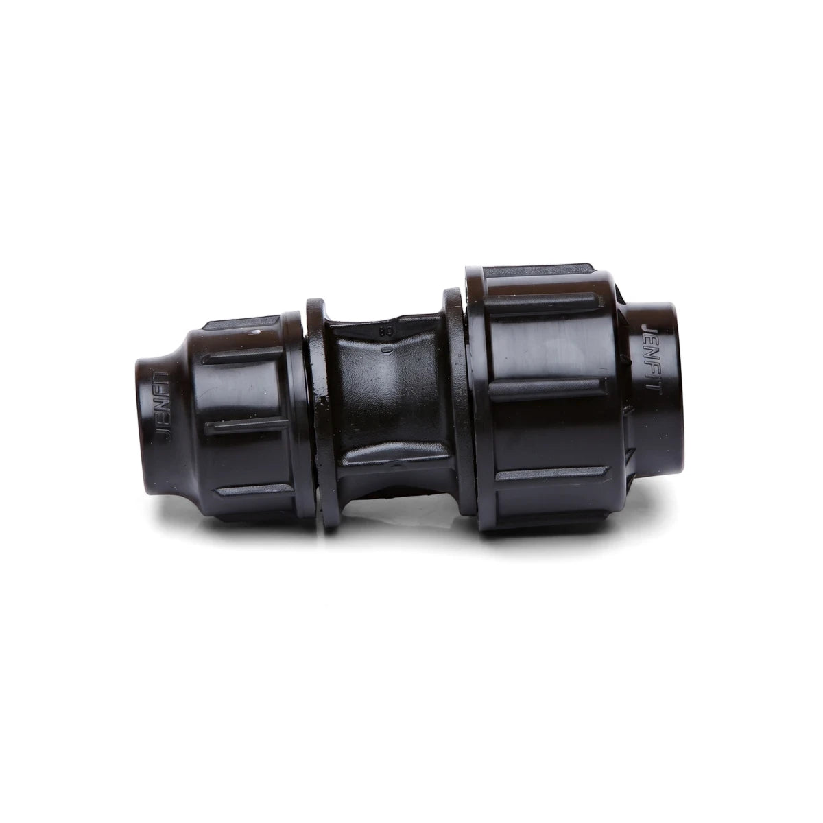 Black plastic Jenfit reducing coupling for pipes, 50mm x 25mm, displayed on a white background.