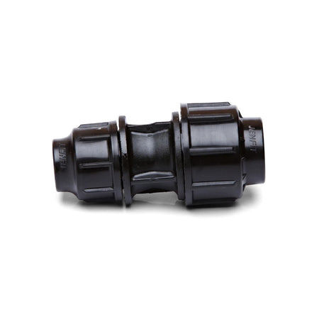 Black plastic Jenfit reducing coupling for pipes, 50mm x 25mm, displayed on a white background.