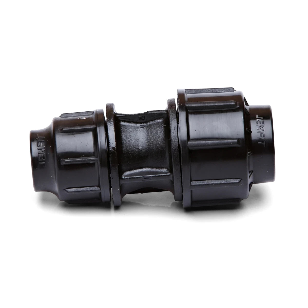 Black Jenfit reducing coupling 32mm x 25mm for plumbing or irrigation systems, shown on a white background.
