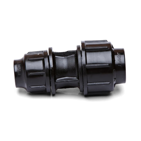 Black Jenfit reducing coupling 32mm x 25mm for plumbing or irrigation systems, shown on a white background.