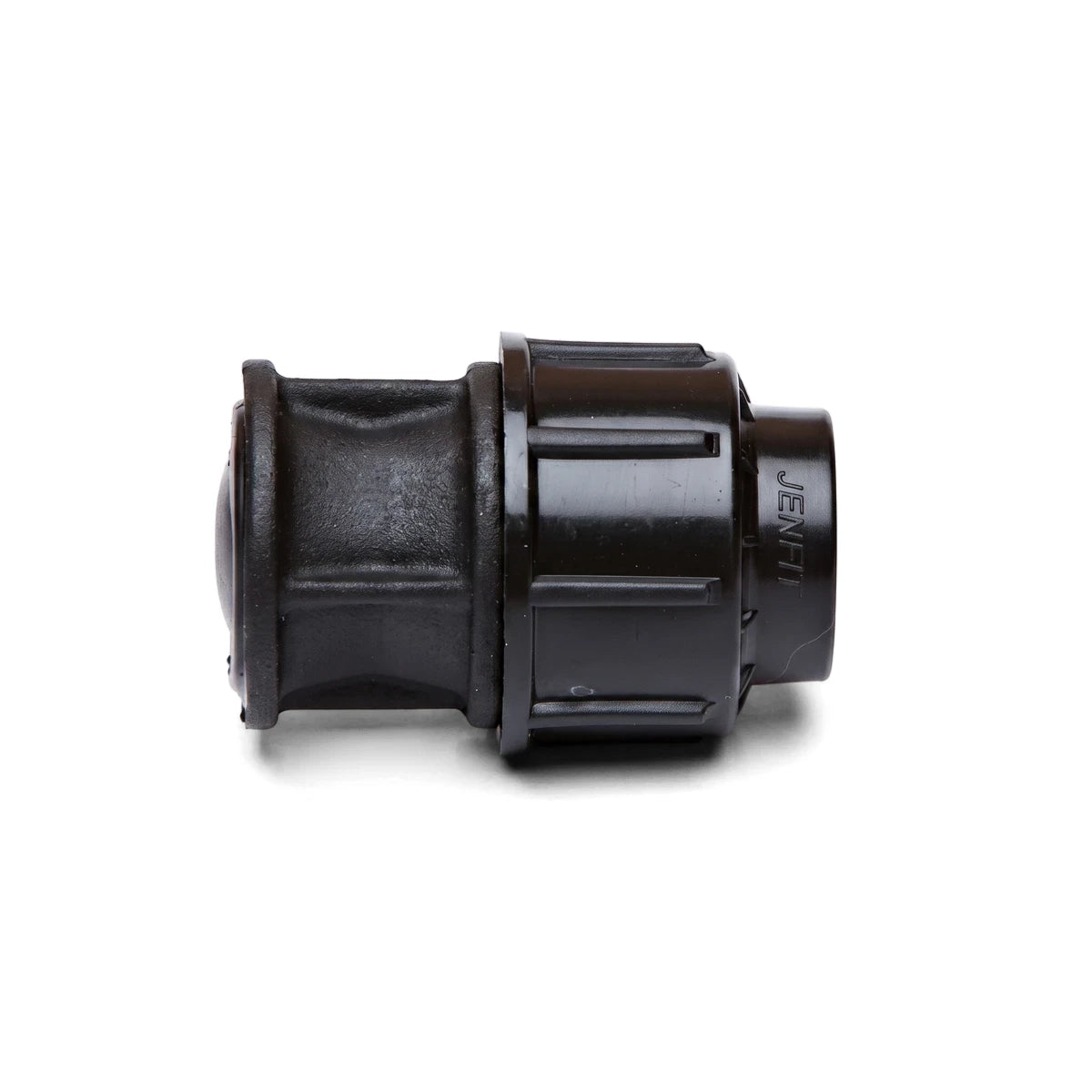 Jenfit End Plug 20mm black plastic pipe fitting shown in side view with ribbed grip collar for sealing pipe ends.