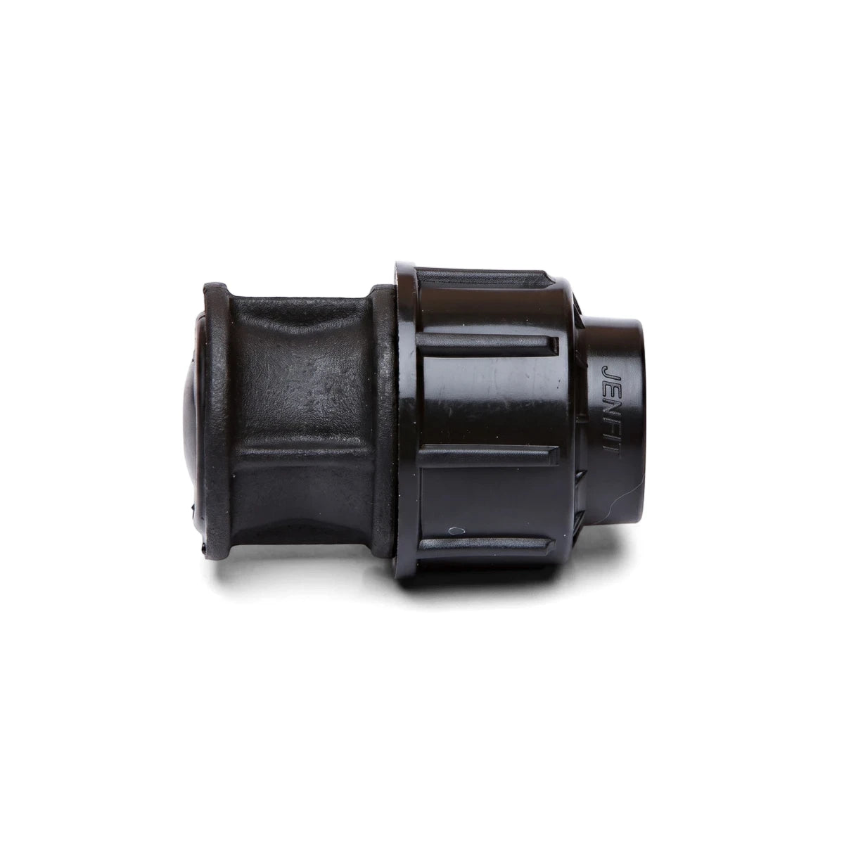 Close-up view of a black 40mm Jenfit end plug made from durable plastic, featuring a cylindrical body with ribbed details.