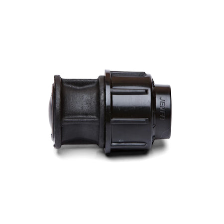 Close-up view of a black 40mm Jenfit end plug made from durable plastic, featuring a cylindrical body with ribbed details.