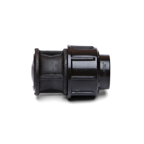 Close-up view of a black 40mm Jenfit end plug made from durable plastic, featuring a cylindrical body with ribbed details.