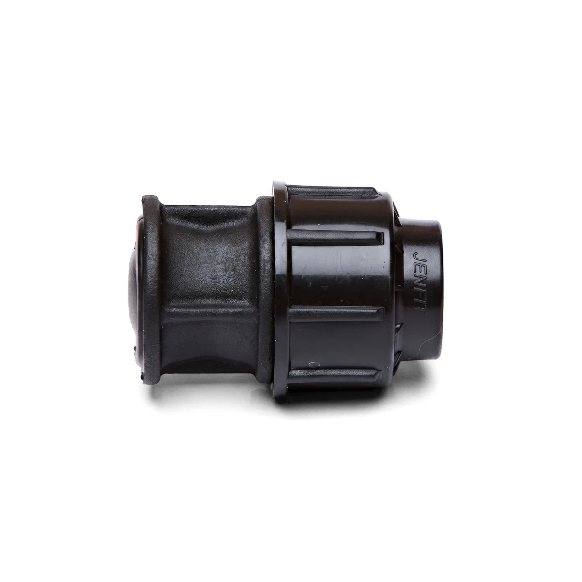 Black 50mm Jenfit end plug, a cylindrical plastic plumbing fitting, shown on a white background, useful for sealing pipes.