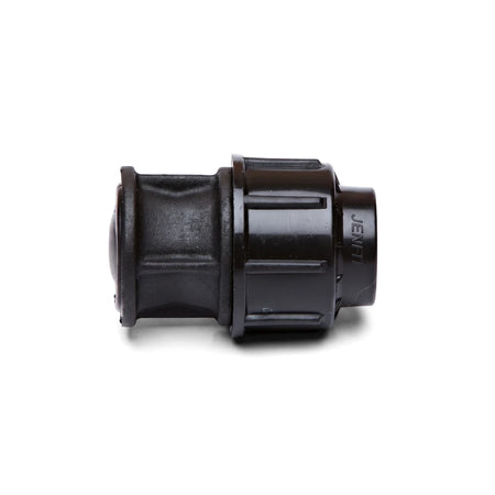 Black 50mm Jenfit end plug, a cylindrical plastic plumbing fitting, shown on a white background, useful for sealing pipes.