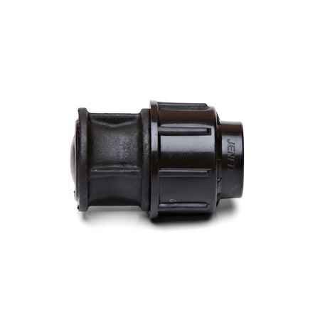 Black 63mm Jenfit end plug, a plastic plumbing fitting, shown from a side view against a white background.