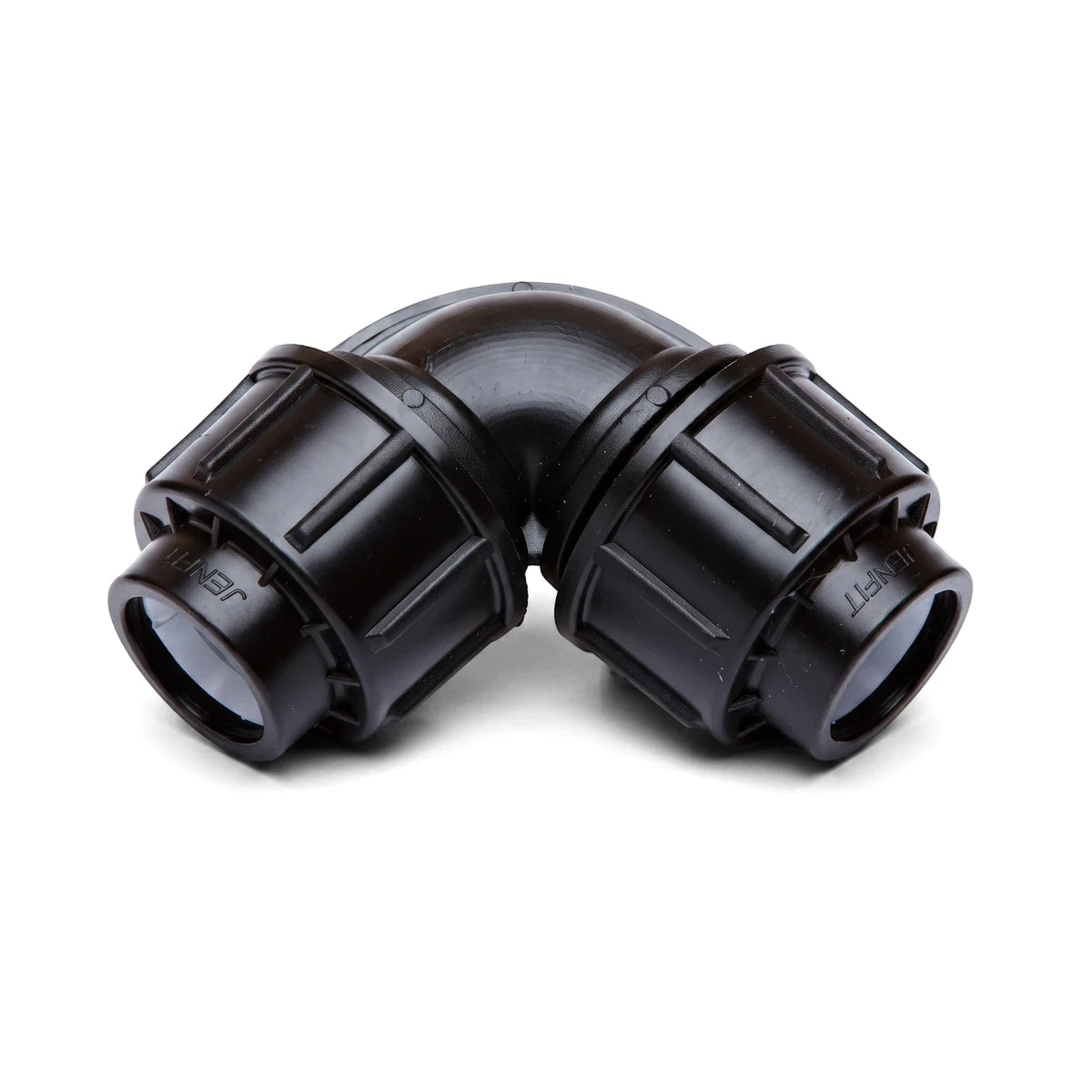 Black plastic Jenfit Equal Elbow plumbing fitting, 32mm, shown at a 90-degree angle for pipe connections.