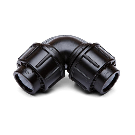 Black plastic Jenfit Equal Elbow plumbing fitting, 32mm, shown at a 90-degree angle for pipe connections.