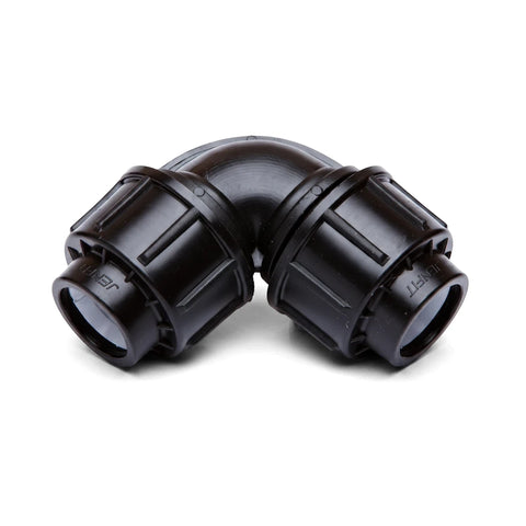 Black plastic Jenfit Equal Elbow plumbing fitting, 32mm, shown at a 90-degree angle for pipe connections.