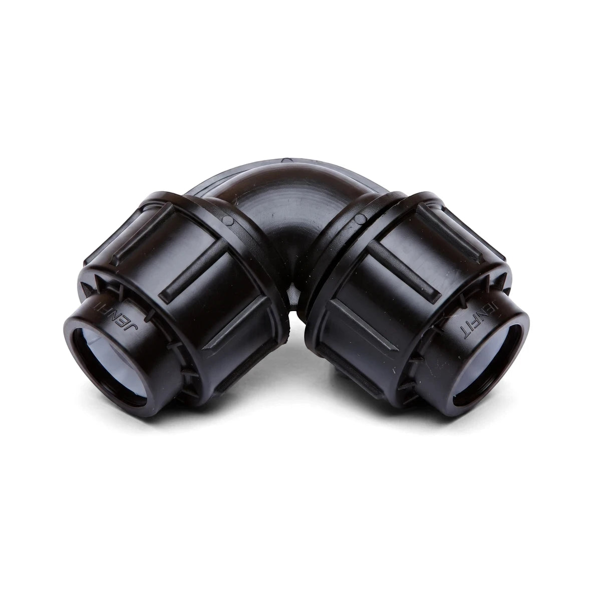 A black plastic Jenfit Equal Elbow 40mm plumbing pipe fitting, shown from an angled view, resting on a white background.