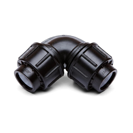 A black plastic Jenfit Equal Elbow 40mm plumbing pipe fitting, shown from an angled view, resting on a white background.