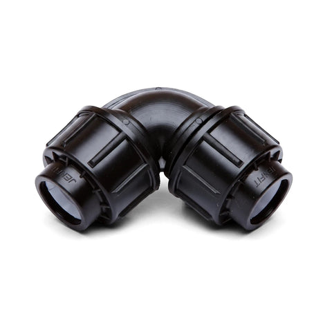 A black plastic Jenfit Equal Elbow 40mm plumbing pipe fitting, shown from an angled view, resting on a white background.