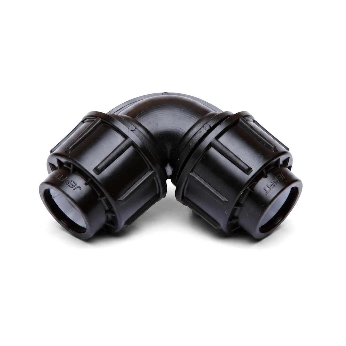 Black 50mm Jenfit equal elbow pipe fitting made of plastic, shown from a slightly elevated angle on a white background.