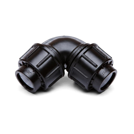 Black 50mm Jenfit equal elbow pipe fitting made of plastic, shown from a slightly elevated angle on a white background.