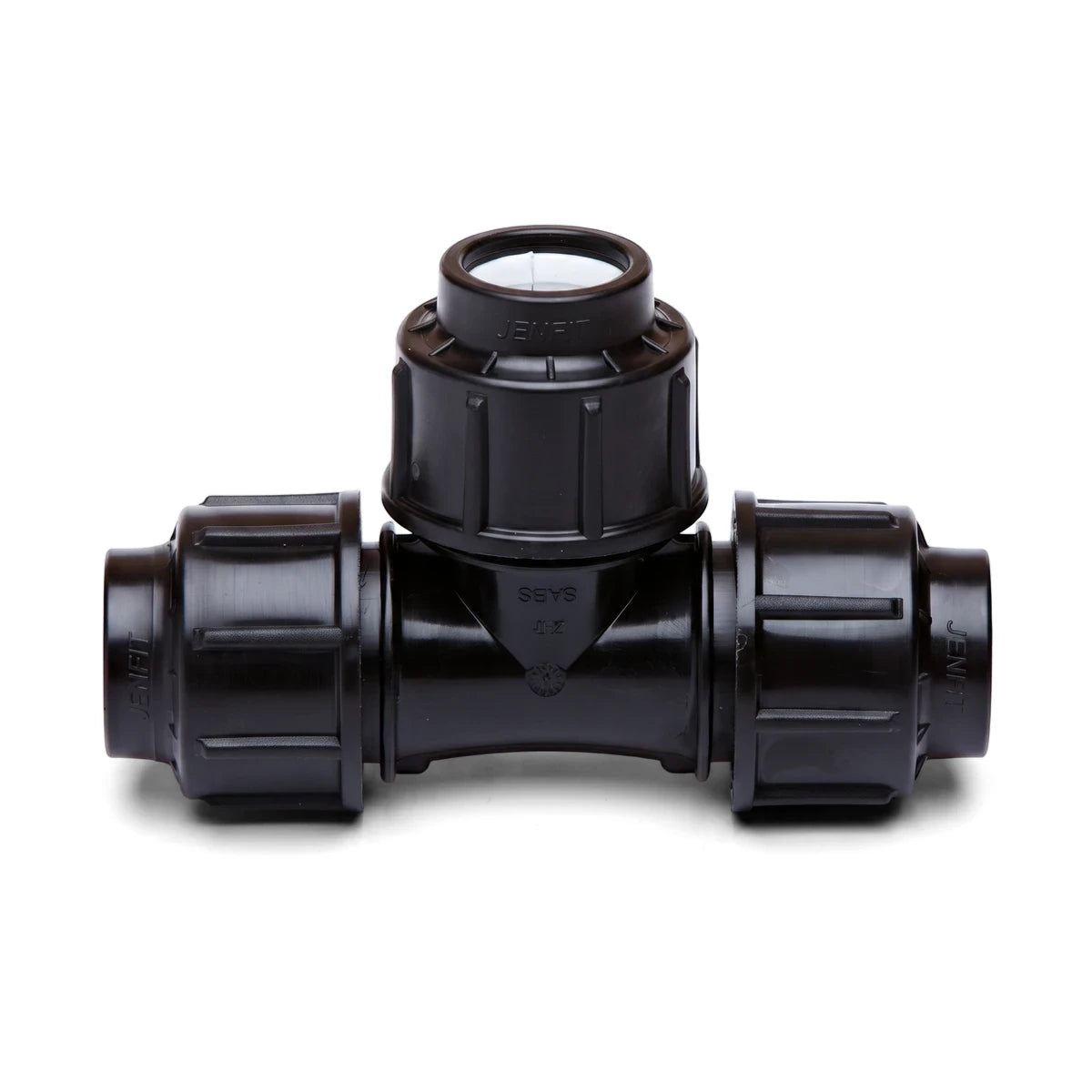 Black 20mm Jenfit equal tee pipe fitting made of plastic, centered on a white background.