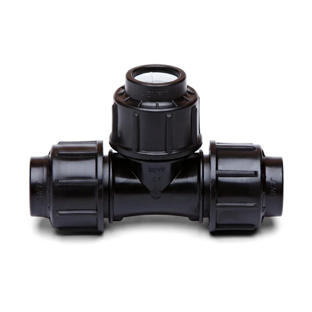 Black 20mm Jenfit equal tee pipe fitting made of plastic, centered on a white background.