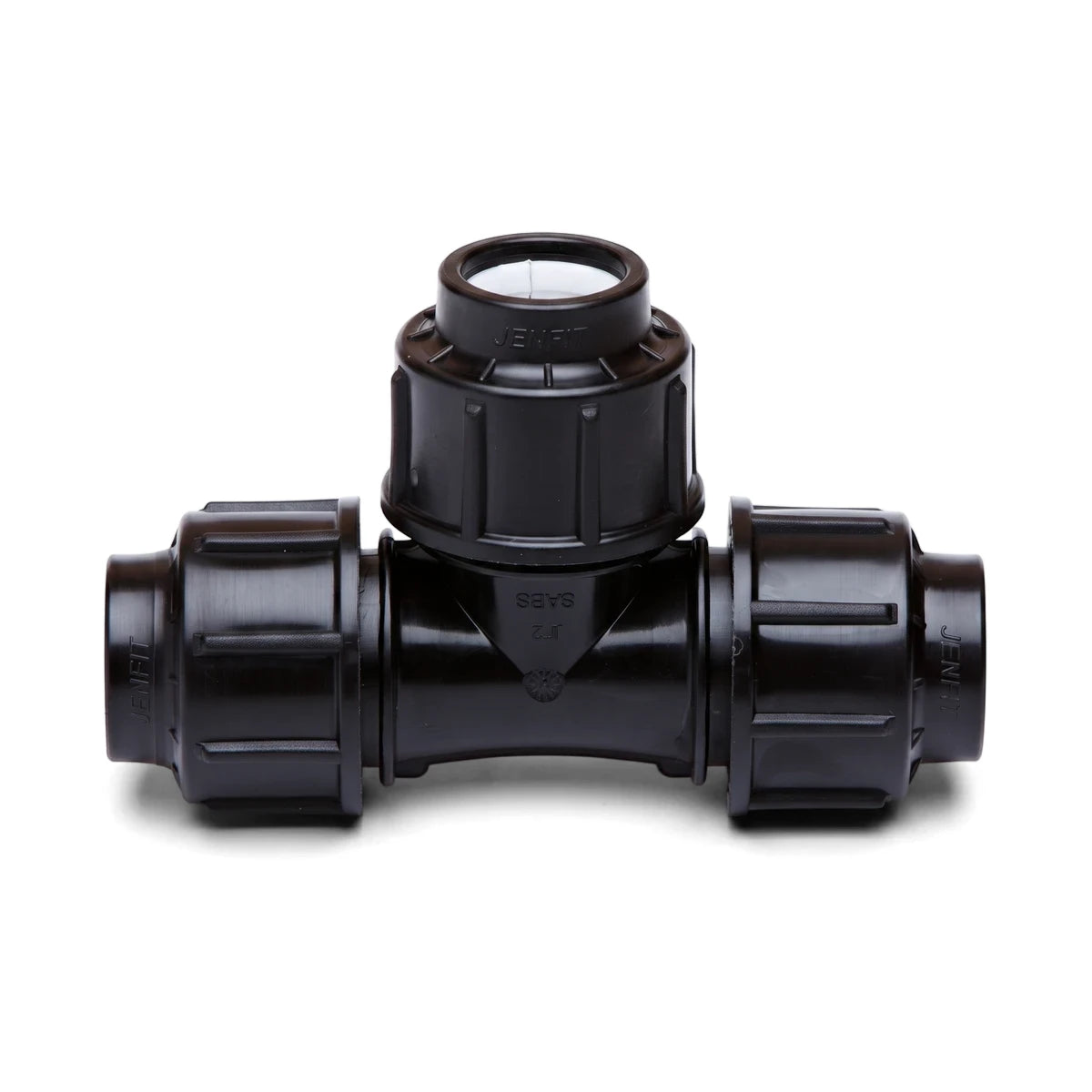 Black Jenfit 25mm equal tee plastic pipe fitting for plumbing and irrigation, shown on a white background.