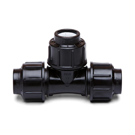 Black Jenfit 25mm equal tee plastic pipe fitting for plumbing and irrigation, shown on a white background.