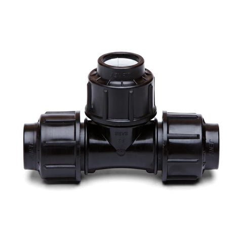 Black Jenfit 25mm equal tee plastic pipe fitting for plumbing and irrigation, shown on a white background.
