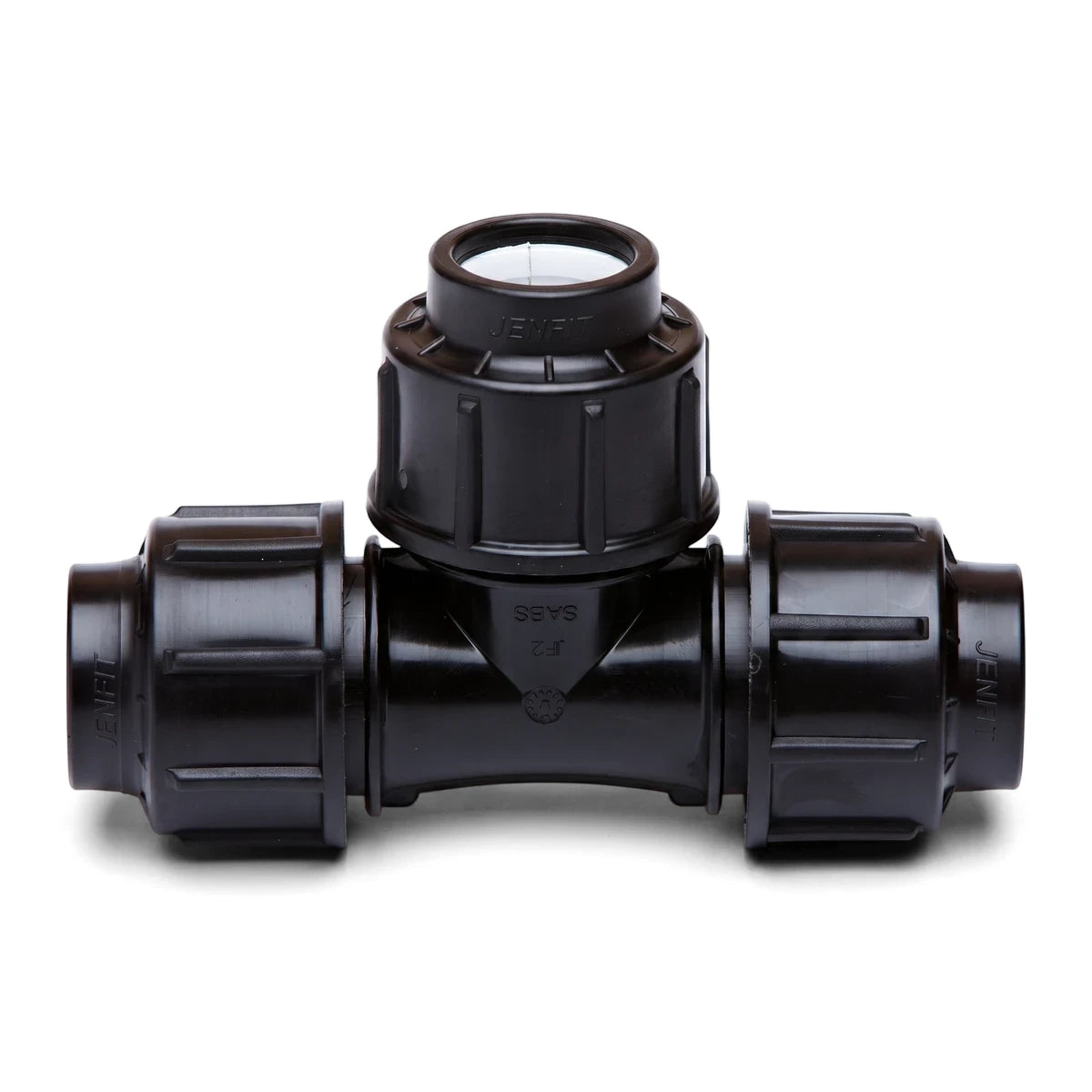 Black 32mm Jenfit Equal Tee plastic pipe fitting shown from a straight-on view on a white background, used for connecting