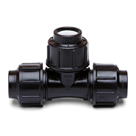Black 32mm Jenfit Equal Tee plastic pipe fitting shown from a straight-on view on a white background, used for connecting