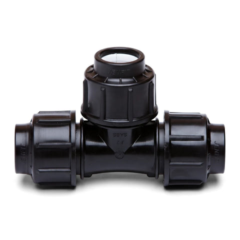 Black 32mm Jenfit Equal Tee plastic pipe fitting shown from a straight-on view on a white background, used for connecting