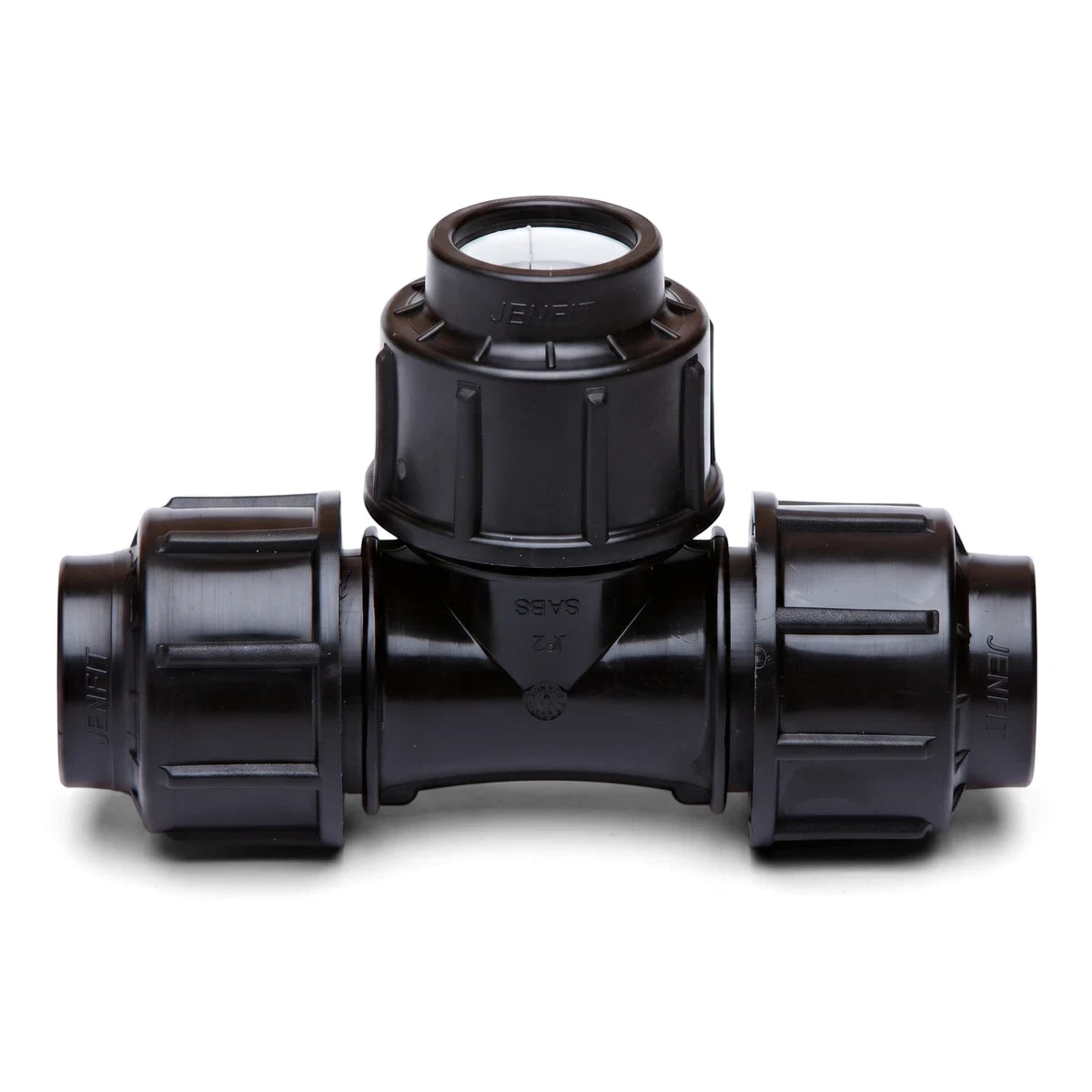 Black plastic Jenfit Equal Tee pipe fitting, 40mm, shown horizontally on a white background, for plumbing.