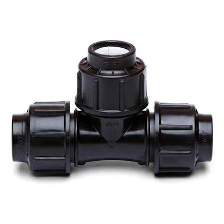 Black plastic Jenfit Equal Tee pipe fitting, 40mm, shown horizontally on a white background, for plumbing.