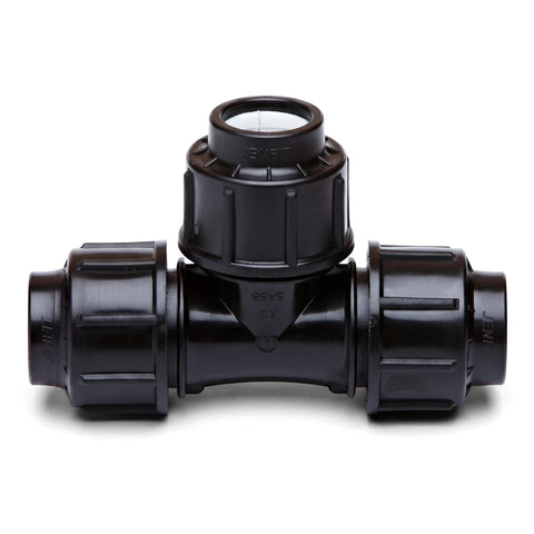Black plastic Jenfit Equal Tee pipe fitting, 40mm, shown horizontally on a white background, for plumbing.