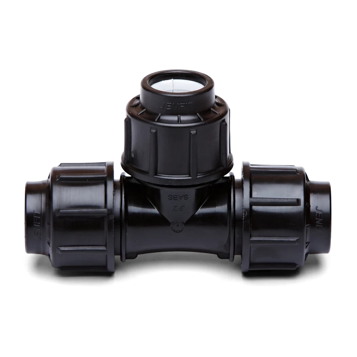 Black plastic Jenfit Equal Tee - 50mm plumbing fitting for water pipe connections, viewed from the front.