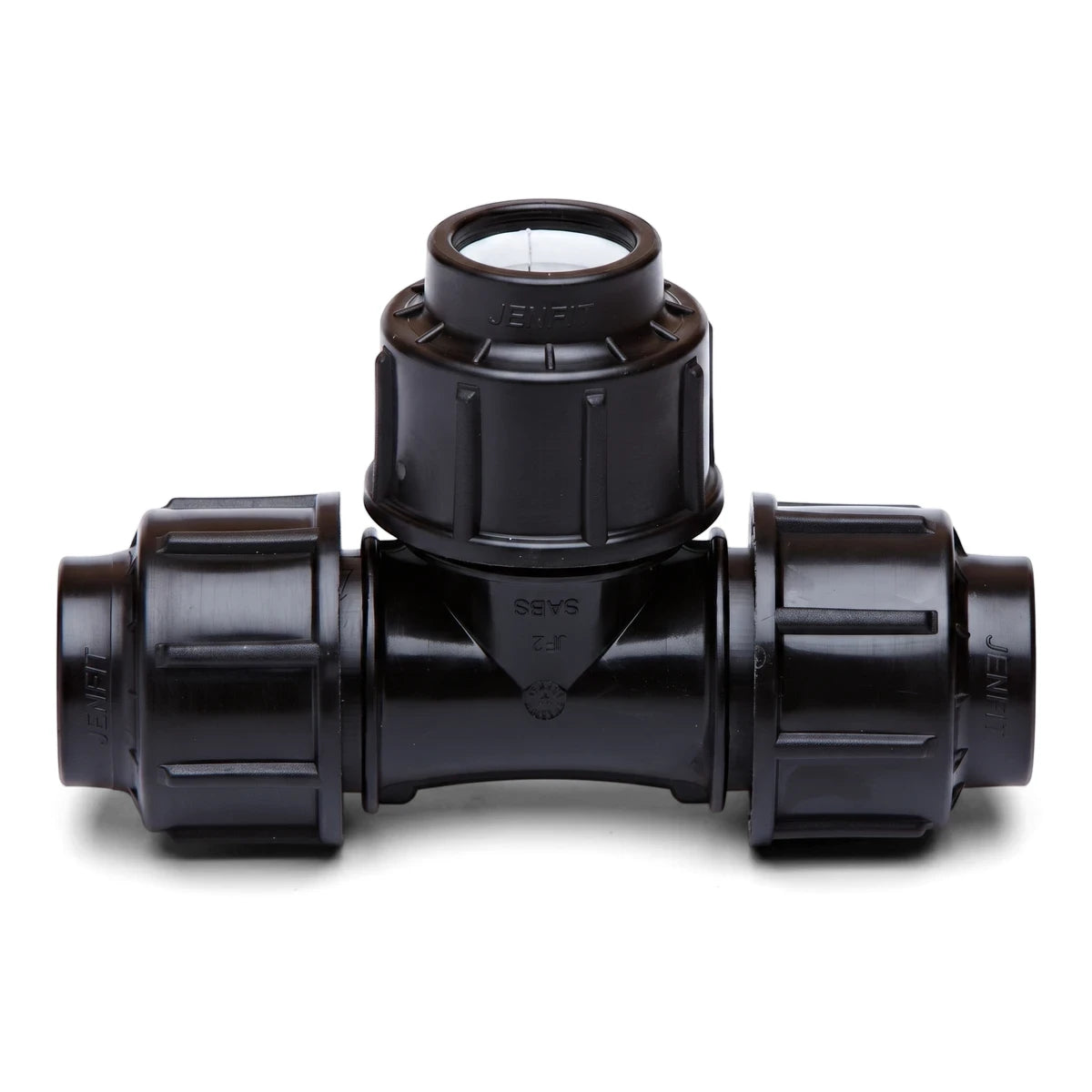 Black Jenfit Equal Tee 63mm plastic pipe fitting for water systems, shown from the front on a white background.