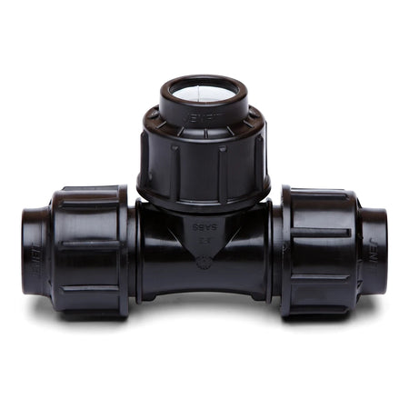 Black Jenfit Equal Tee 63mm plastic pipe fitting for water systems, shown from the front on a white background.