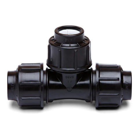 Black Jenfit Equal Tee 63mm plastic pipe fitting for water systems, shown from the front on a white background.
